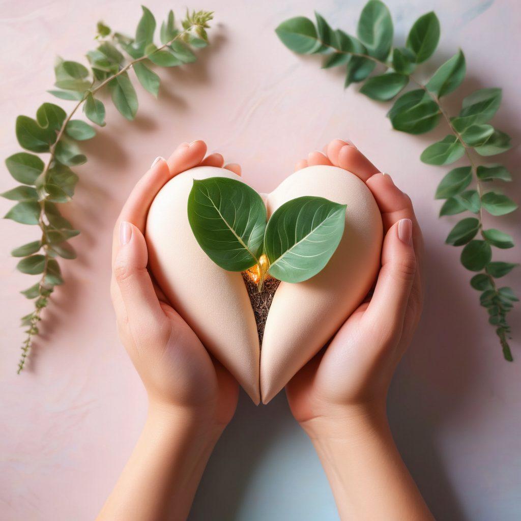 A warm and inviting scene of two hands gently holding a blooming heart-shaped plant, symbolizing growth in love, surrounded by soft pastel colors and light. Include subtle elements like intertwined vines or soft light rays emanating from the plant to emphasize nurturing. Add a cozy environment, such as a soft blanket or a warm hearth in the background. super-realistic. vibrant colors. warm tones.