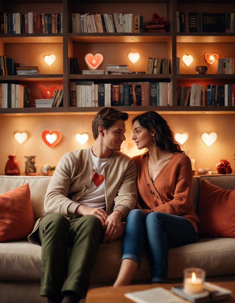 A serene scene of two figures, a man and a woman, seated on a cozy couch, engrossed in a heartfelt conversation, with soft lighting and warm colors enveloping them. Surrounding them are symbols of love - hearts, intertwined hands, and photographs capturing their memories. In the background, there's a softly blurred bookshelf filled with relationship advice books. The atmosphere radiates intimacy and connection. super-realistic. warm colors. soft focus.