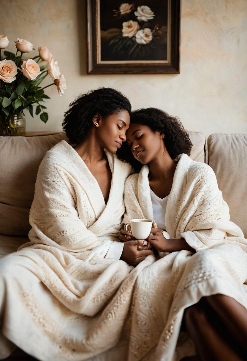 A warm, intimate scene depicting a diverse couple nestled on a cozy couch, wrapped in a soft blanket, sharing a deep gaze filled with affection. Soft, ambient lighting enhances the emotional connection, with symbols of support like a heart nearby and a cup of tea on a side table. Flowers symbolize growth and care, while framed memories of their journey together are in the background. painting. soft colors. warm and inviting atmosphere.